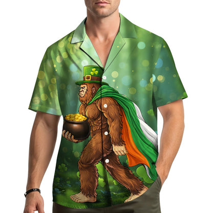 Lifestyle view of someone wearing the St. Patrick's Day Bigfoot Hawaiian Shirt outdoors