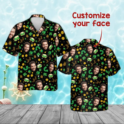 Black custom photo st. patrick's day hawaiian shirt featuring beer mugs and face pattern, front view
