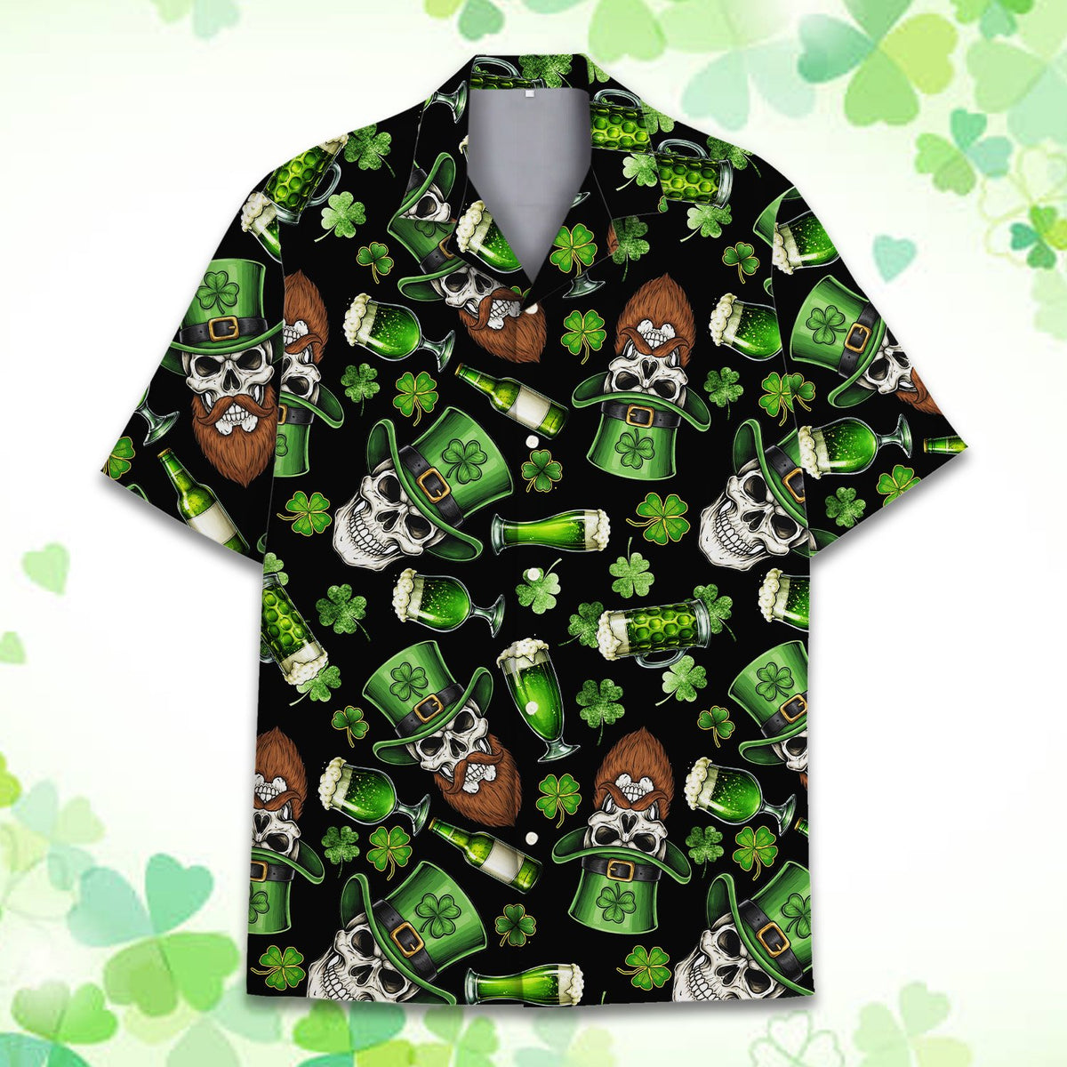 Another front view of the festive St. Patrick's day hawaiian shirt