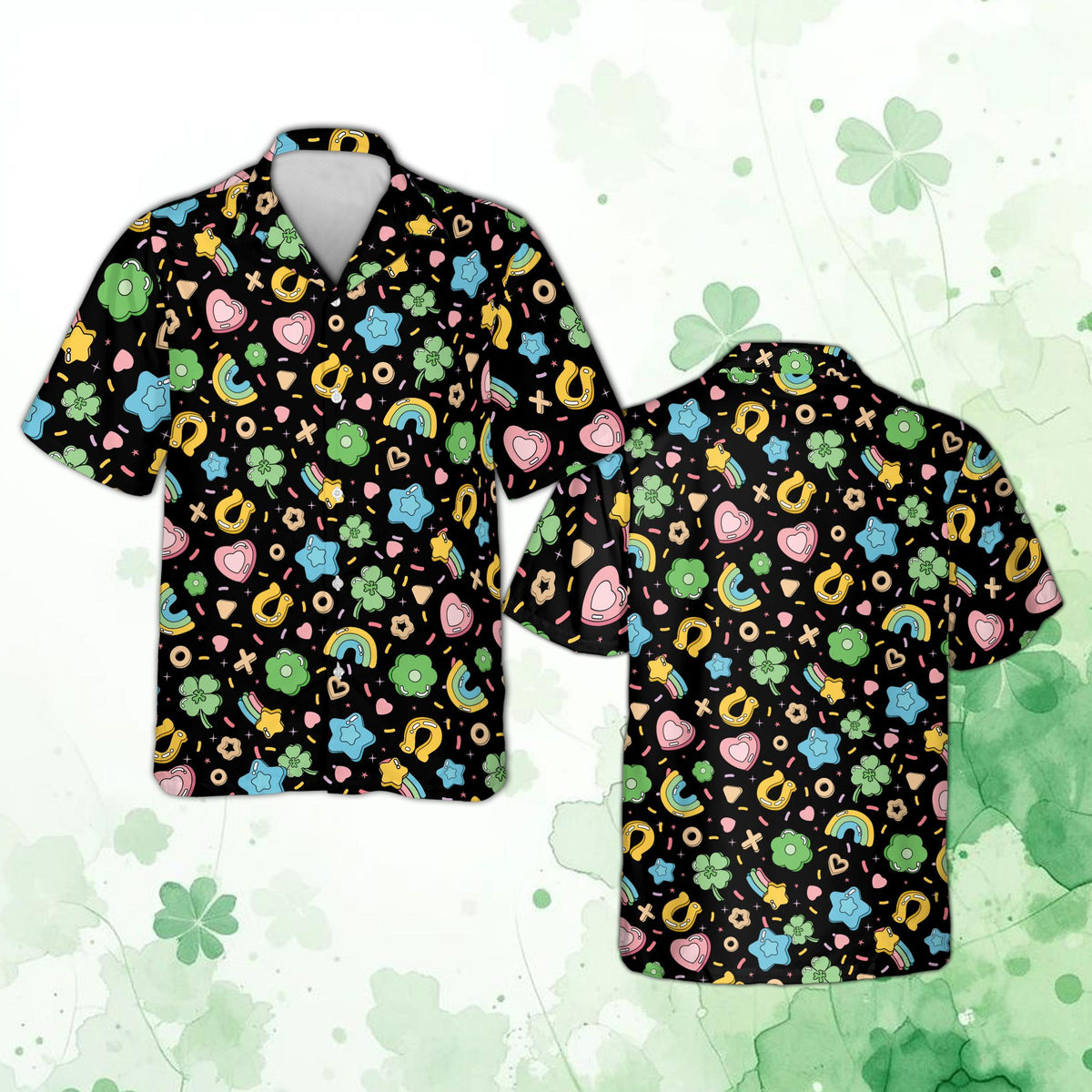 Black patrick hawaiian shirt with St. Patrick's Day shapes pattern, matching family hawaiian shirts main view