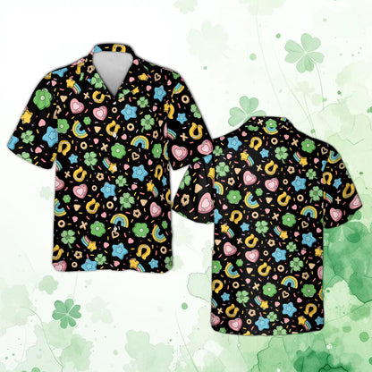 Black patrick hawaiian shirt with St. Patrick's Day shapes pattern, matching family hawaiian shirts main view