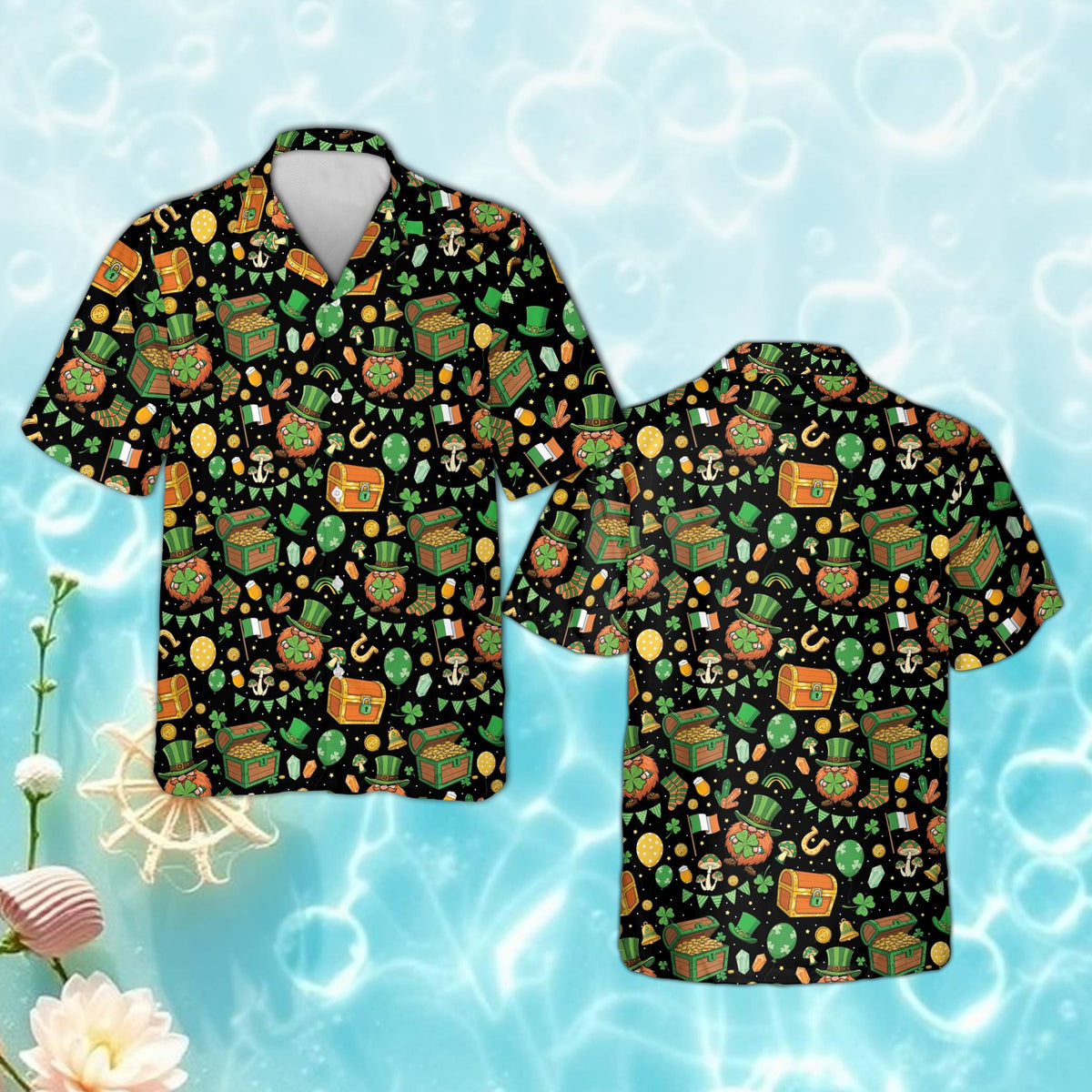 St. Patrick's Day hawaiian shirt in black featuring shamrocks and leprechauns, front view