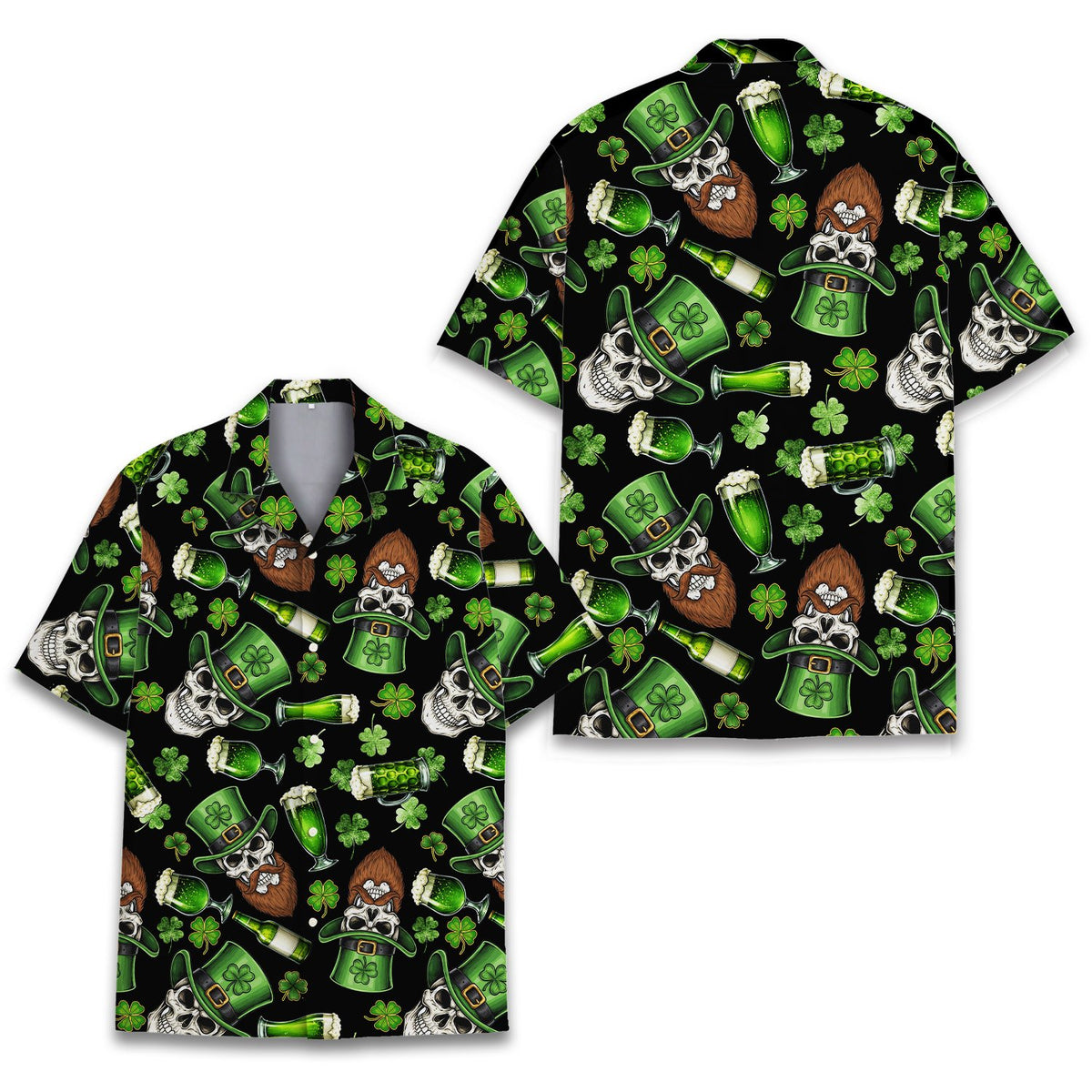 Detailed front view of the skull and green beer hawaiian shirt