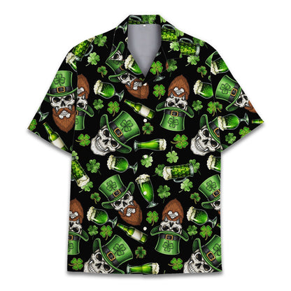 St. Patrick's day hawaiian shirt with skulls and green beer on a black background, main view