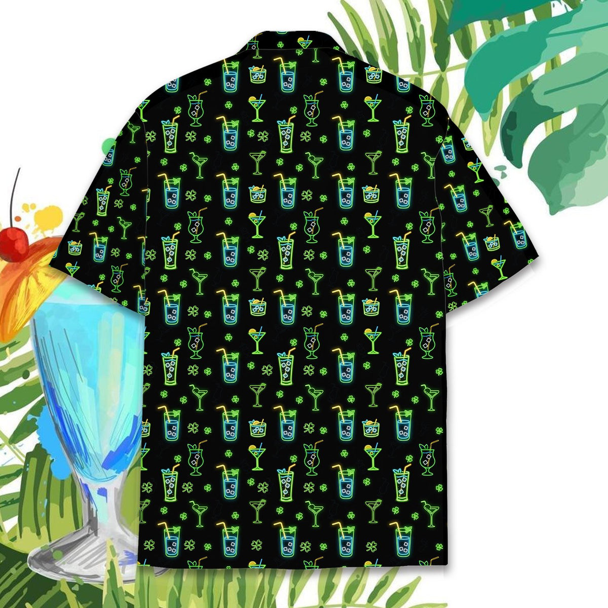 Back view 2 of the holiday hawaiian shirt with neon drink pattern