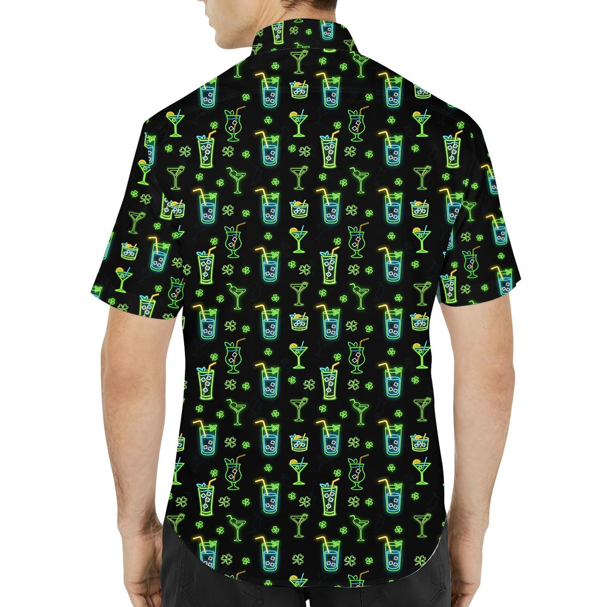 Back view of the St. Patrick's Day cocktails hawaiian shirt on black background