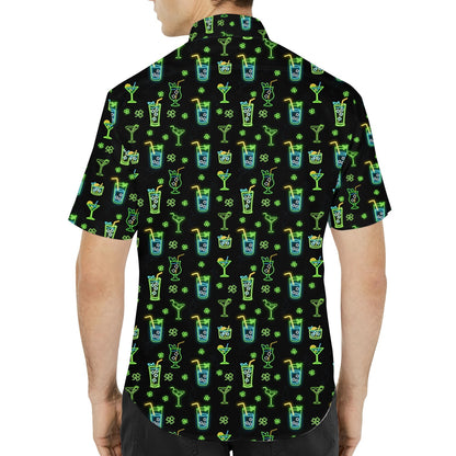 Back view of the St. Patrick's Day cocktails hawaiian shirt on black background