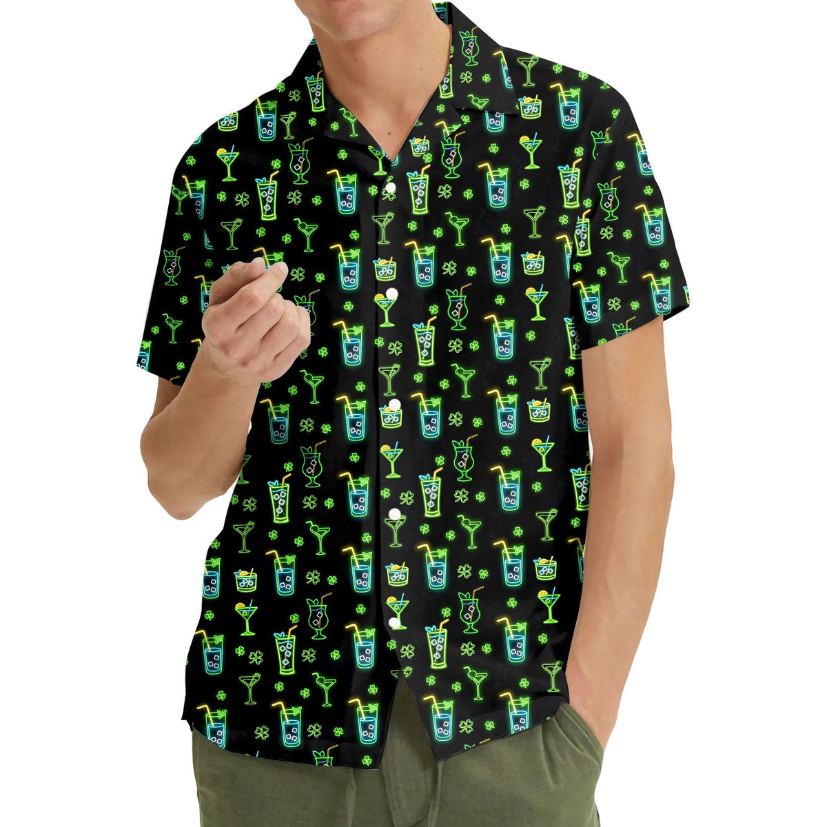 Black patrick hawaiian shirt with bright cocktail pattern, front view 2