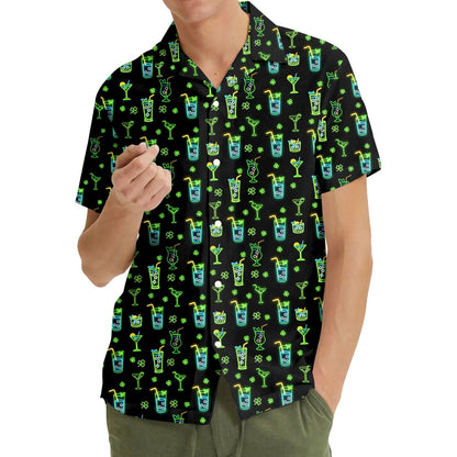 Black patrick hawaiian shirt with bright cocktail pattern, front view 2