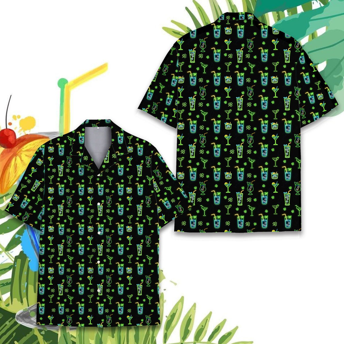 St. Patrick's Day cocktails hawaiian shirt button down, front view 4