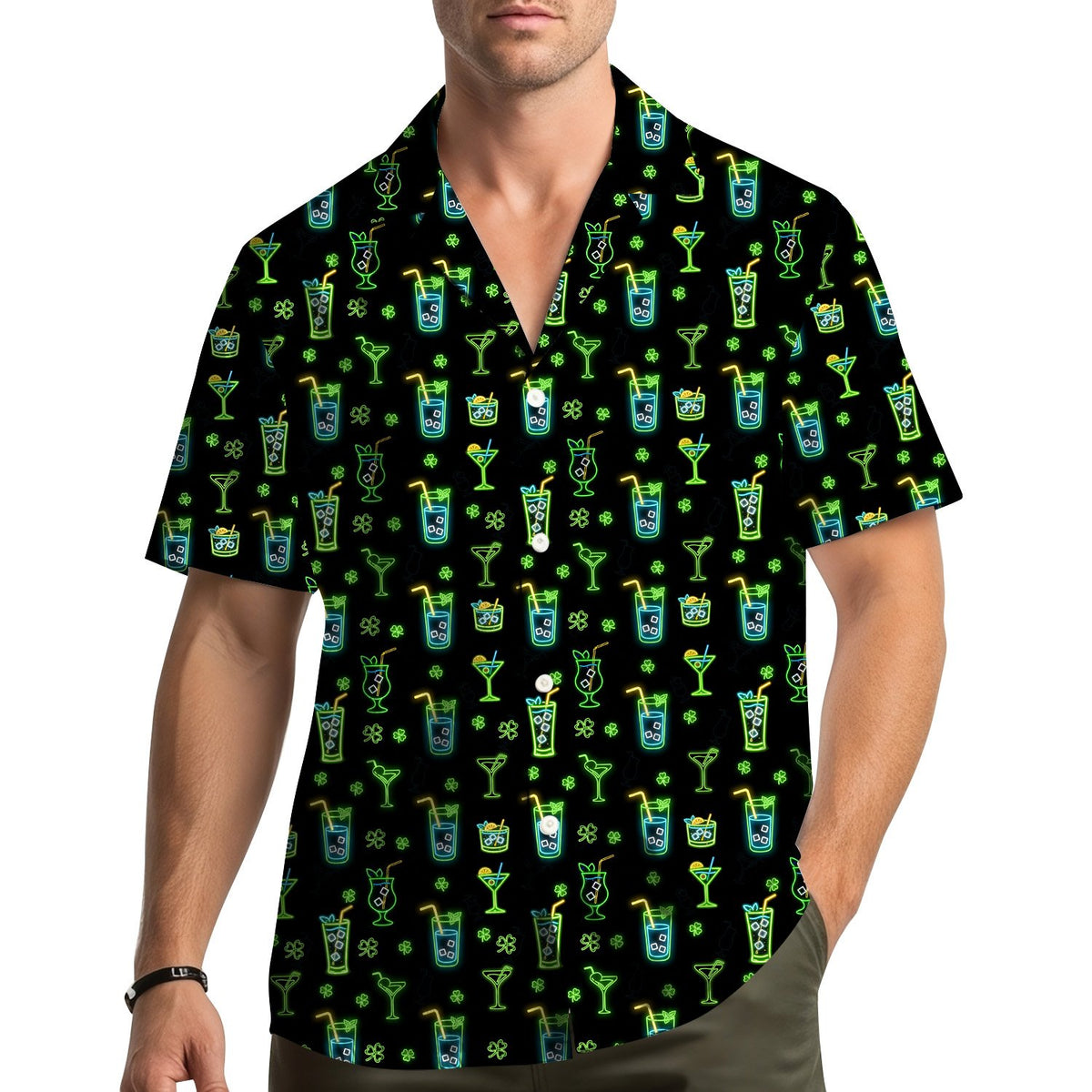 Matching family hawaiian shirts with neon green cocktails, front view