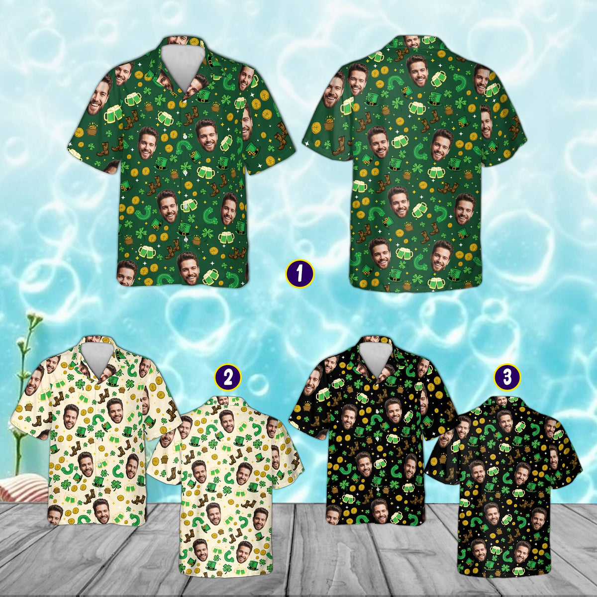 Yellow custom photo st. patrick's day hawaiian shirt with matching family holiday pattern, front view