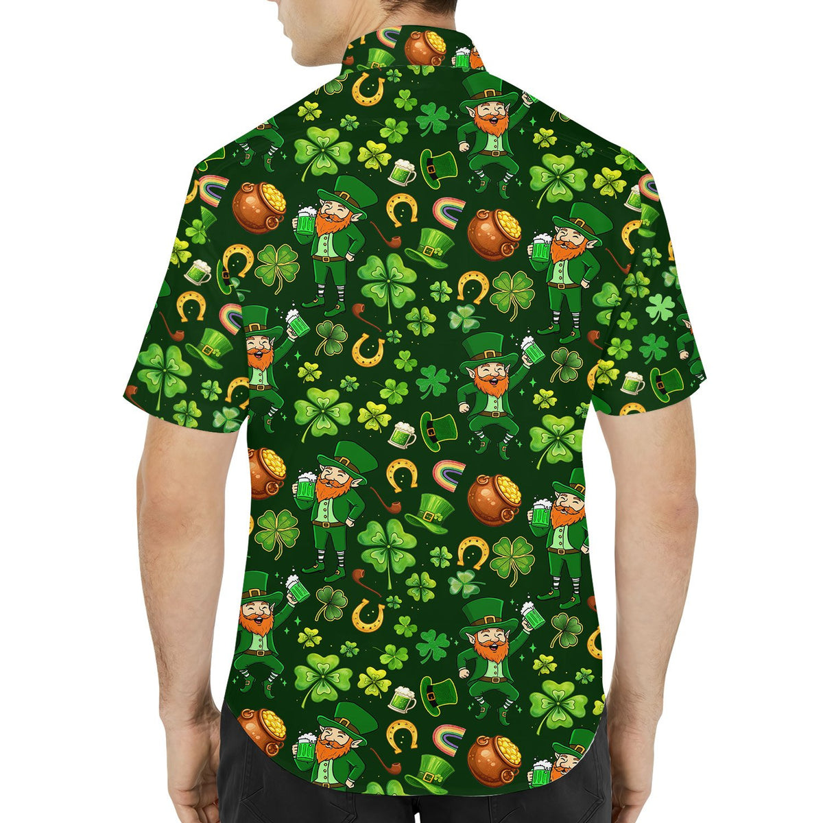 Reverse side showing the leprechaun and beer mug pattern on the hawaiian shirt