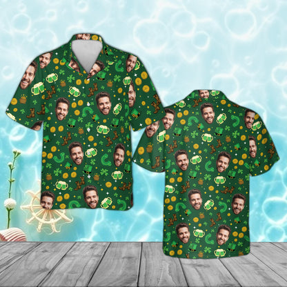 Green custom photo st. patrick's day hawaiian shirt featuring shamrocks and a personalized face pattern, main view