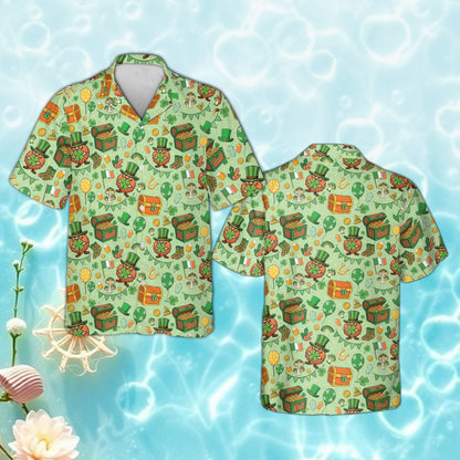 St. Patrick's Day hawaiian shirt in light green with pots of gold, front view