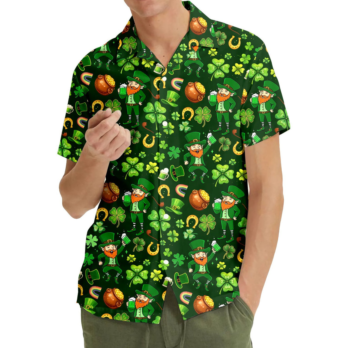 Adult St. Patrick's Day hawaiian shirt front detail showing pots of gold