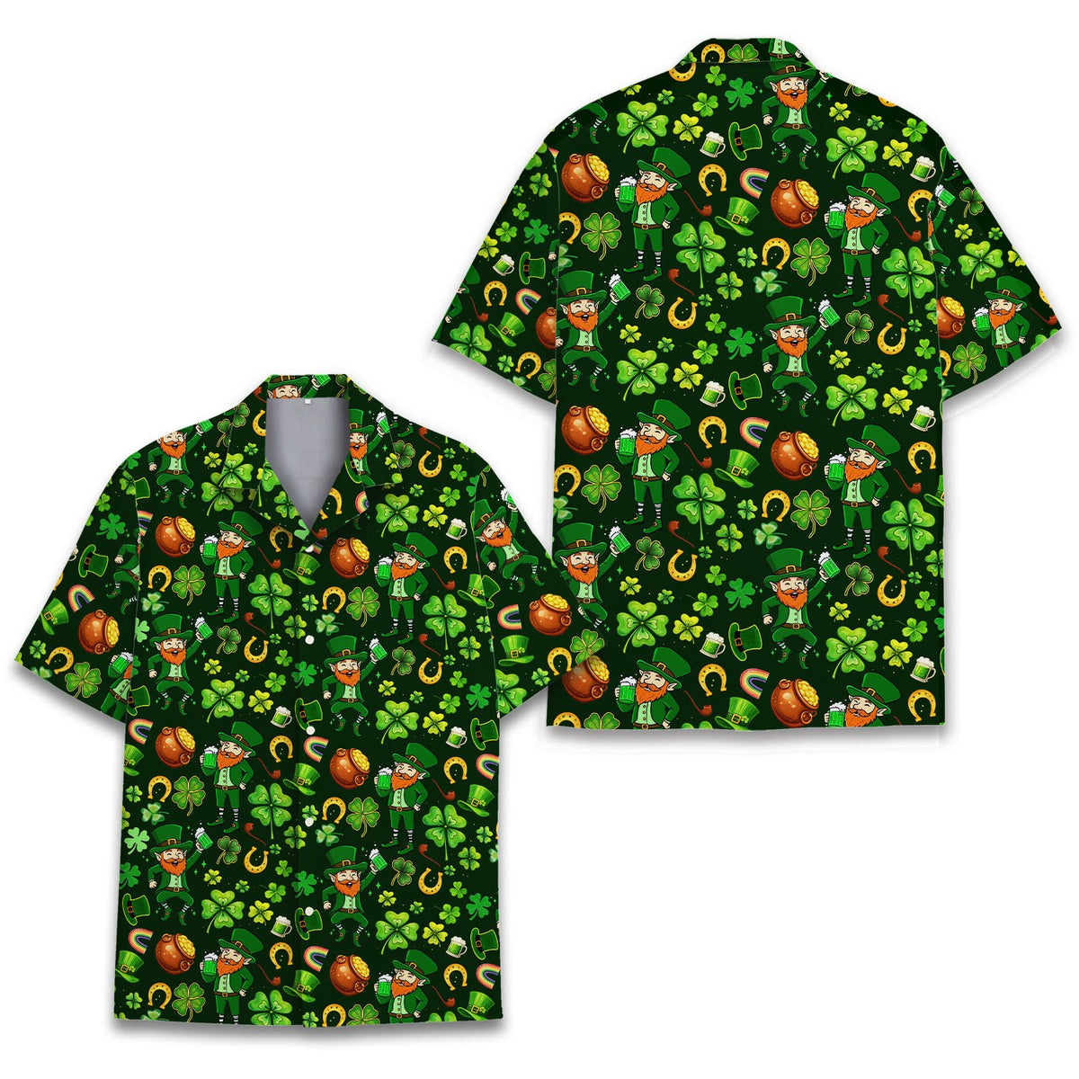 Close up of leprechaun pattern on St. Patrick's Day hawaiian shirt