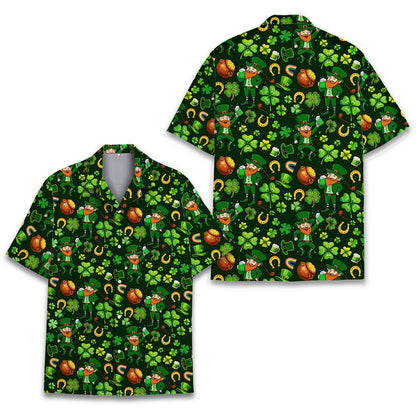 Close up of leprechaun pattern on St. Patrick's Day hawaiian shirt