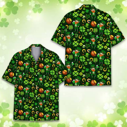 Festive holiday hawaiian shirt front showing shamrocks and rainbows