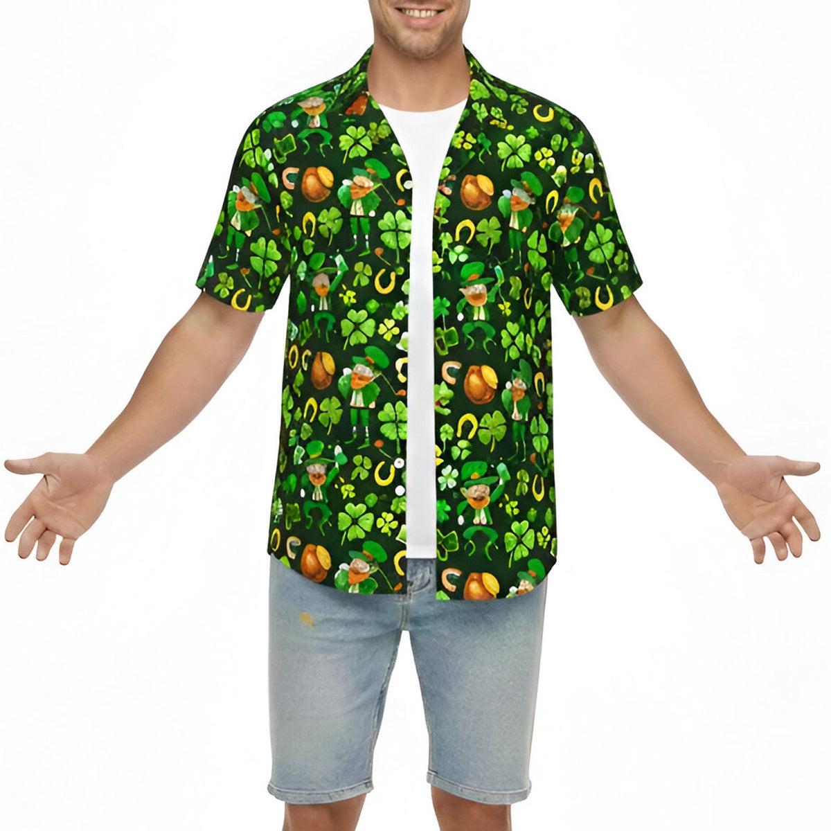Front view of green matching family hawaiian shirt with St. Patrick's Day design