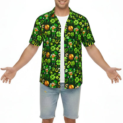 Front view of green matching family hawaiian shirt with St. Patrick's Day design
