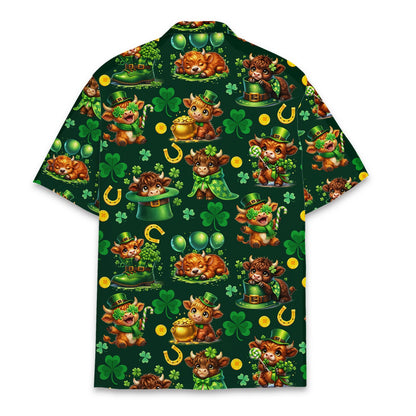 Back view of the St. Patrick's Day highland cow hawaiian shirt
