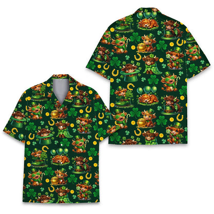 Front view of the St. Patrick's Day highland cow hawaiian shirt