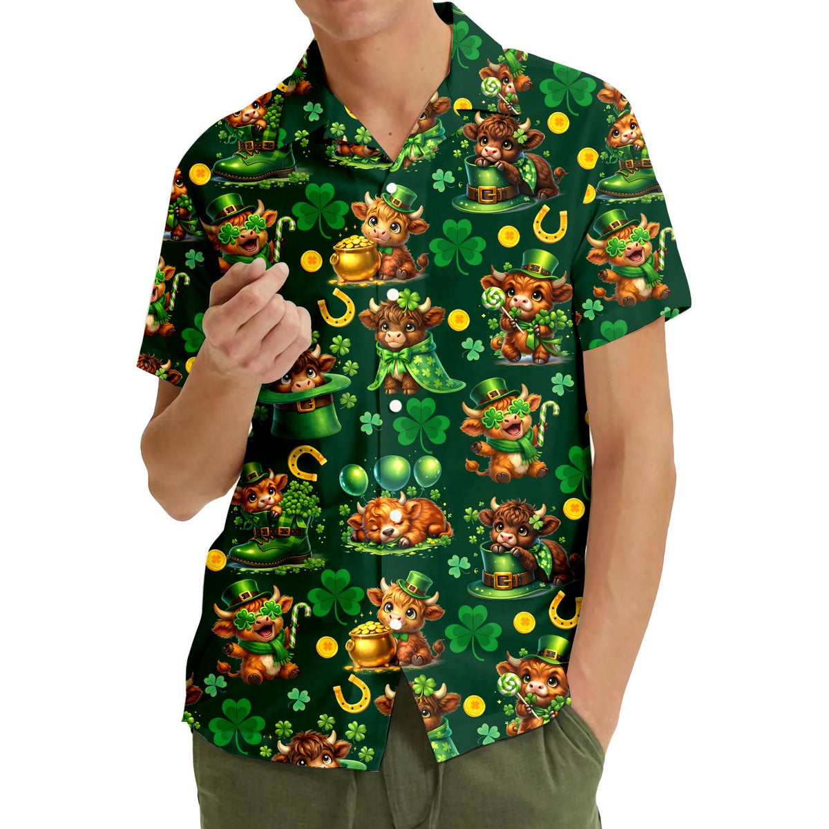 Lifestyle view of the St. Patrick's Day highland cow hawaiian shirt being worn