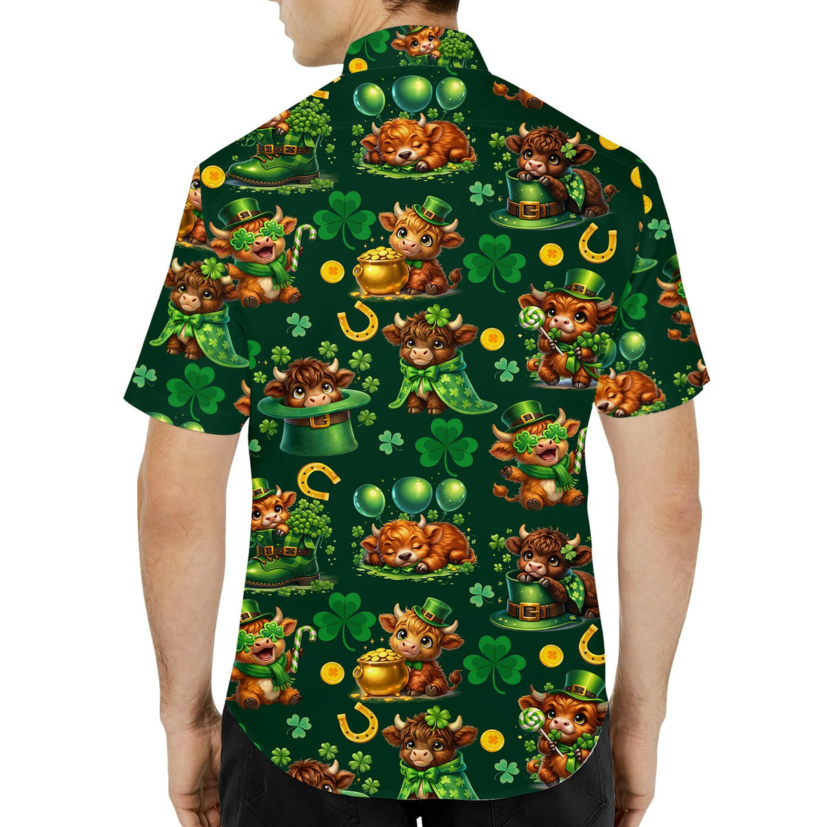 Close up lifestyle view of the St. Patrick's Day highland cow hawaiian shirt