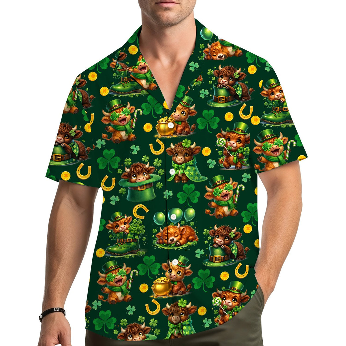 Adult wearing the green St. Patrick's Day highland cow hawaiian shirt outdoors