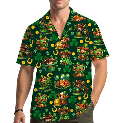 Adult wearing the green St. Patrick's Day highland cow hawaiian shirt outdoors