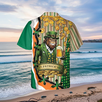 St. Patrick's Day leprechaun and beer Hawaiian shirt, back flat lay