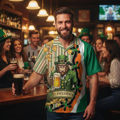 St. Patrick's Day leprechaun and beer Hawaiian shirt, front flat lay