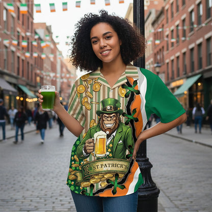 Person wearing St. Patrick's Day leprechaun Hawaiian shirt