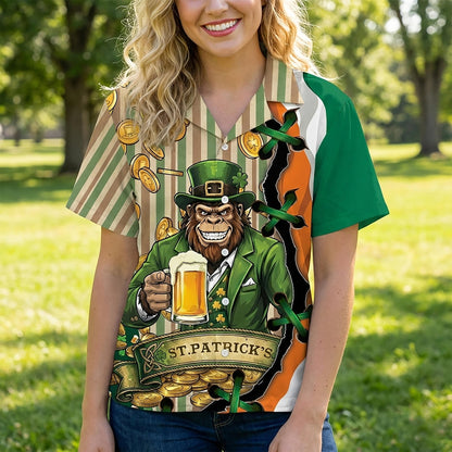 Person wearing St. Patrick's Day leprechaun Hawaiian shirt, different pose