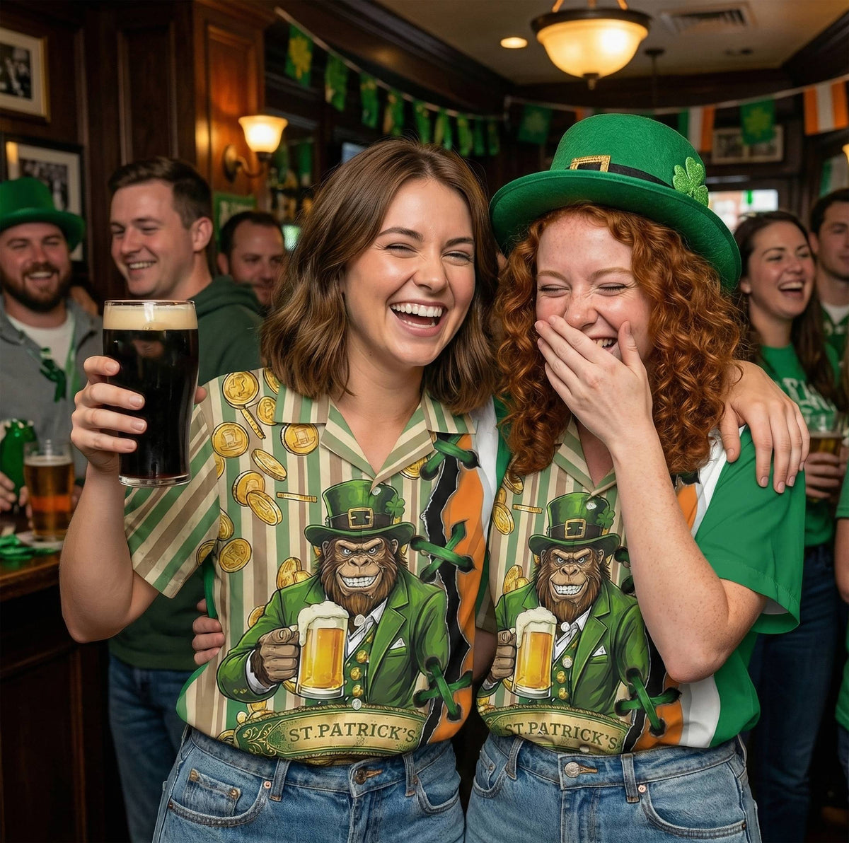Person wearing St. Patrick's Day leprechaun Hawaiian shirt, another pose