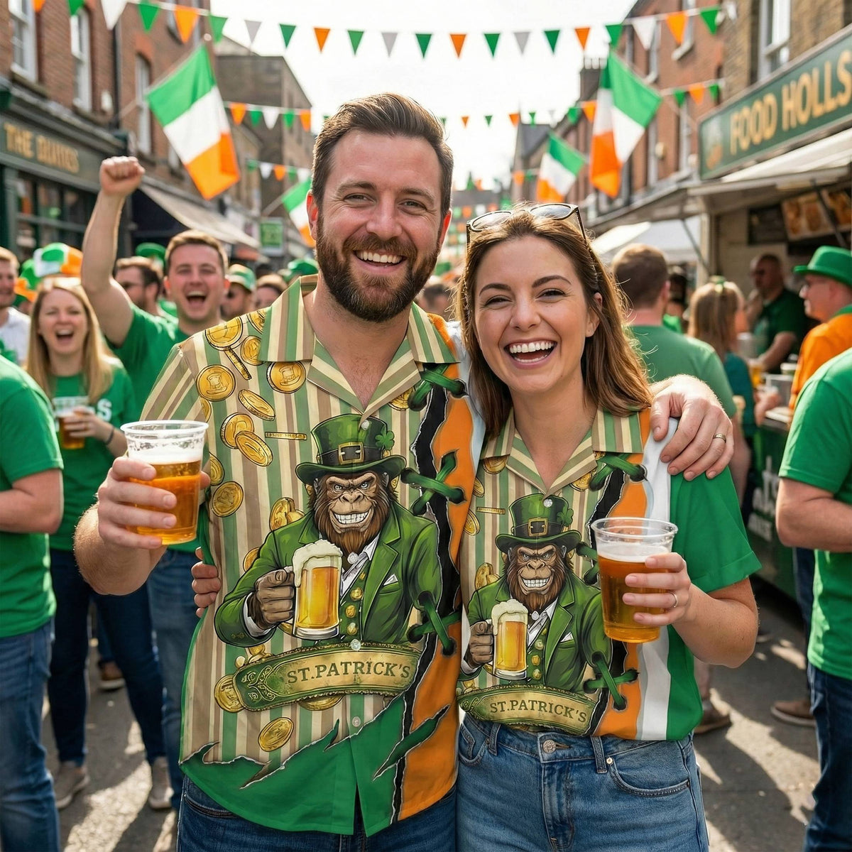 Lifestyle view of someone wearing the St. Patrick's Day hawaiian shirt