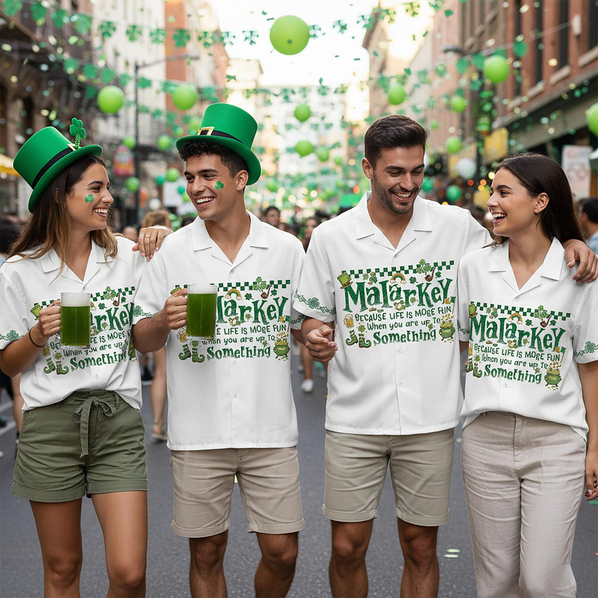 Another lifestyle shot featuring the Malarkey design St. Patrick's Day hawaiian shirt