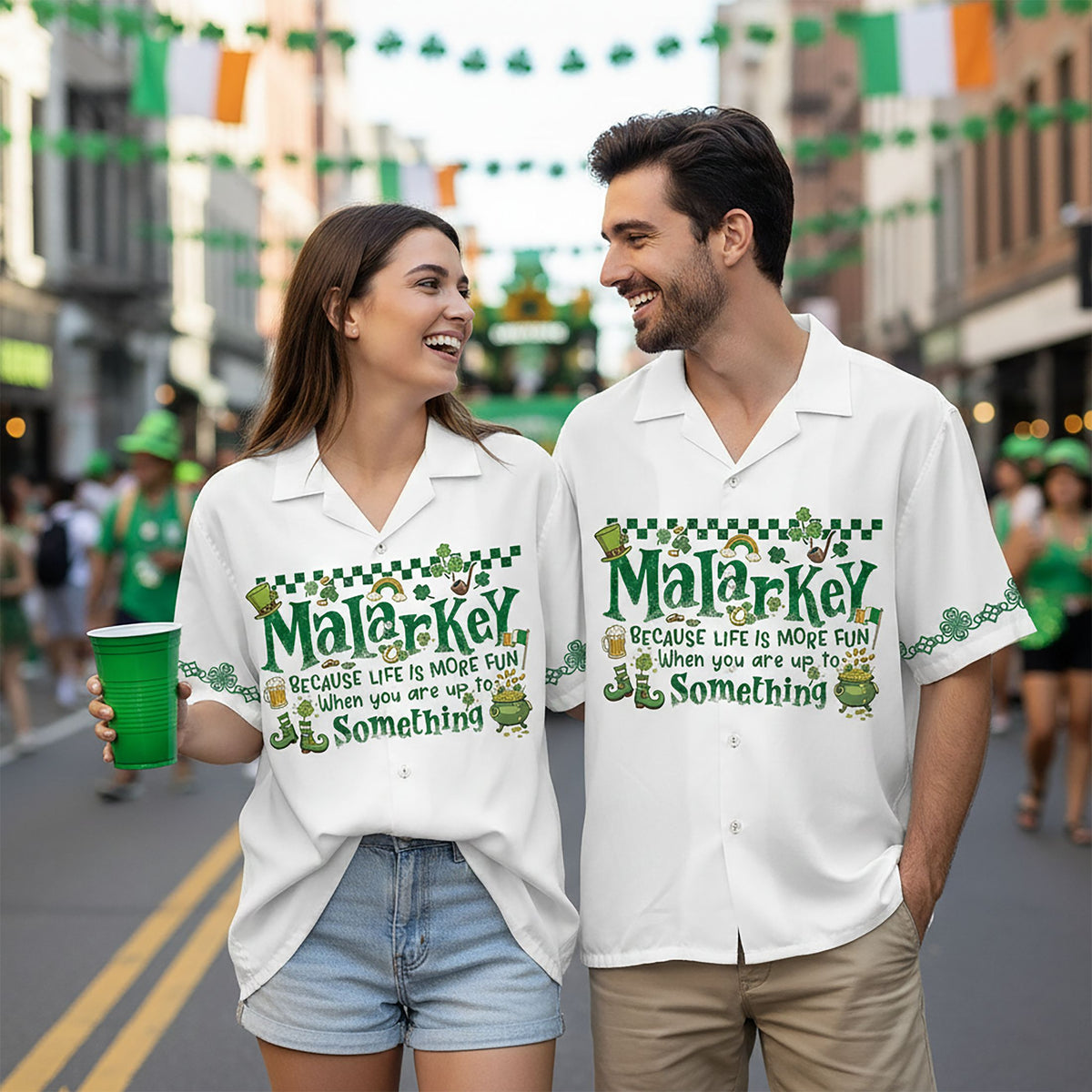 Close up lifestyle view of the St. Patrick's Day hawaiian shirt with shamrock borders