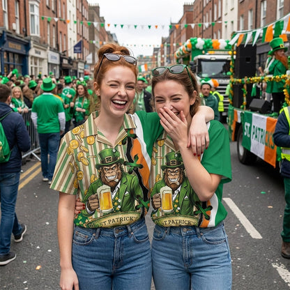 Lifestyle view of someone wearing the St. Patrick's Day monkey beer Hawaiian shirt