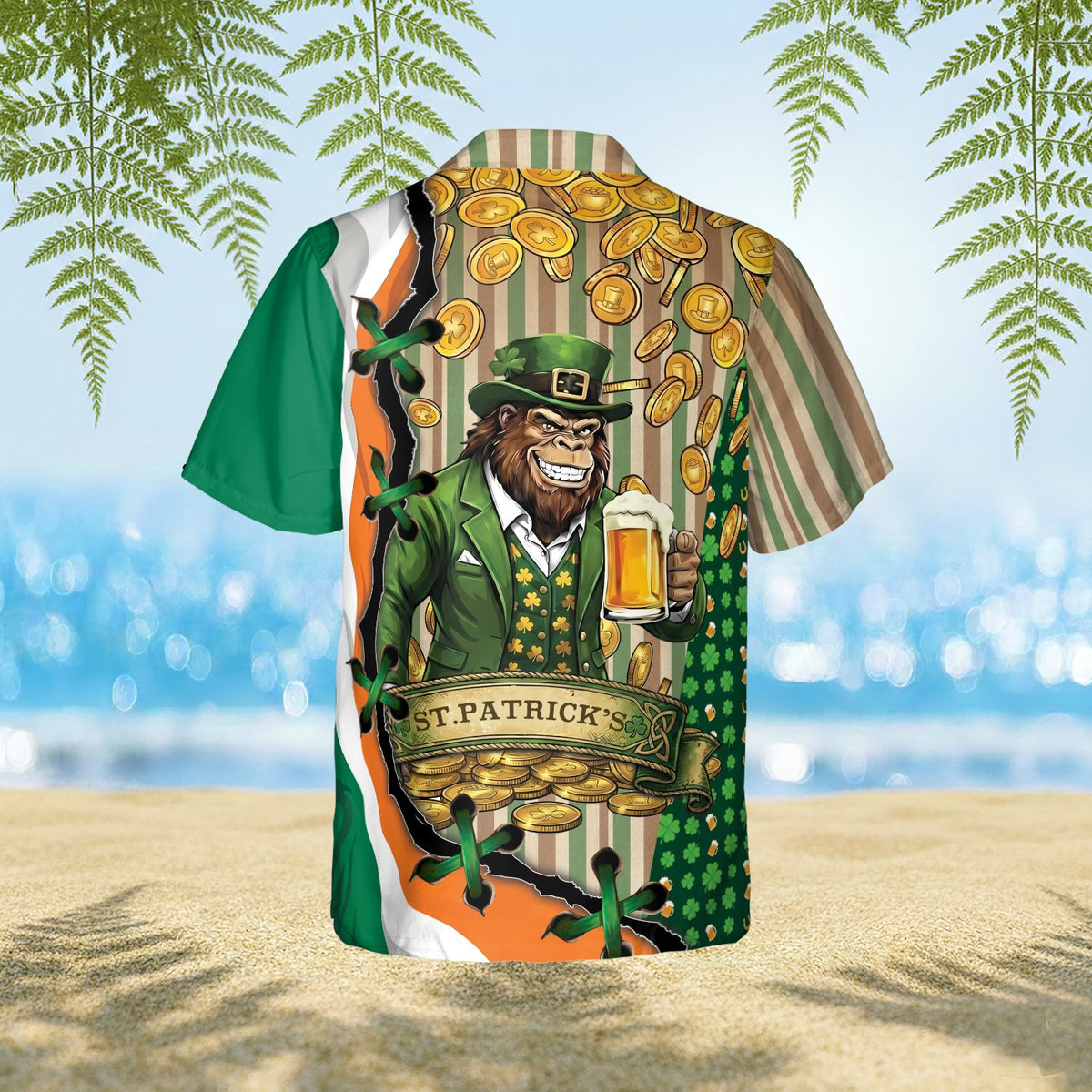 Back view of the St. Patrick's Day monkey beer Hawaiian shirt showing the faux ripped fabric effect
