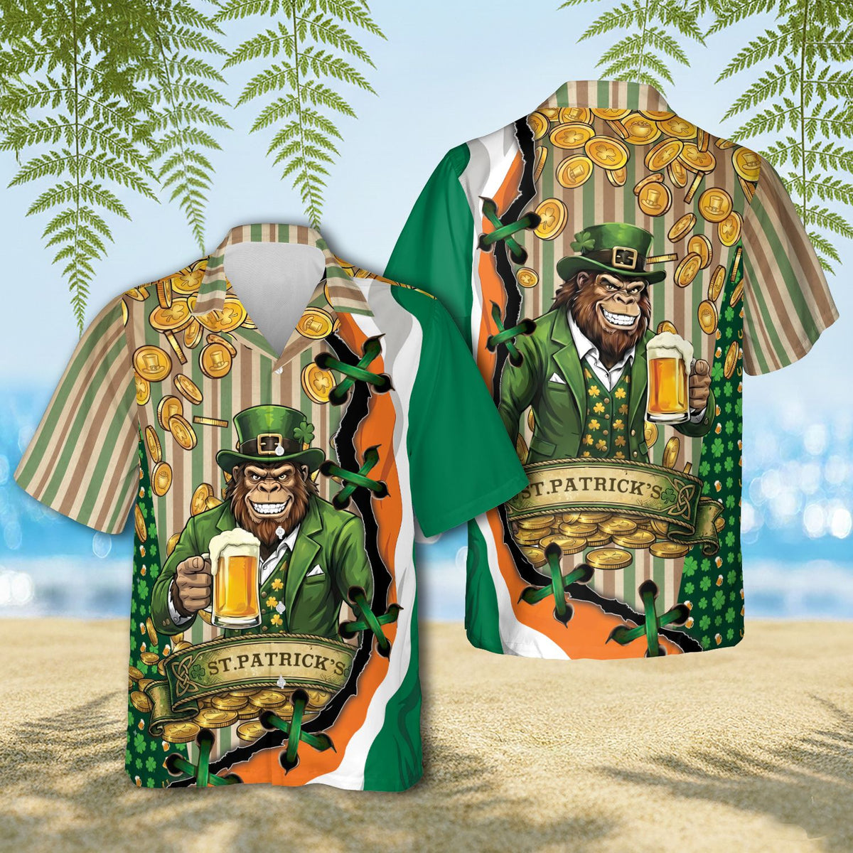 St. Patrick's Day monkey beer Hawaiian shirt featuring a leprechaun monkey and gold coins, front view