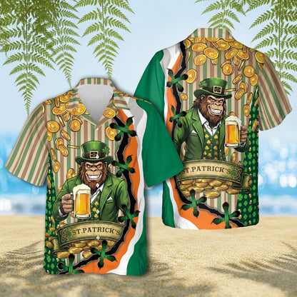 St. Patrick's Day monkey beer Hawaiian shirt featuring a leprechaun monkey and gold coins, front view