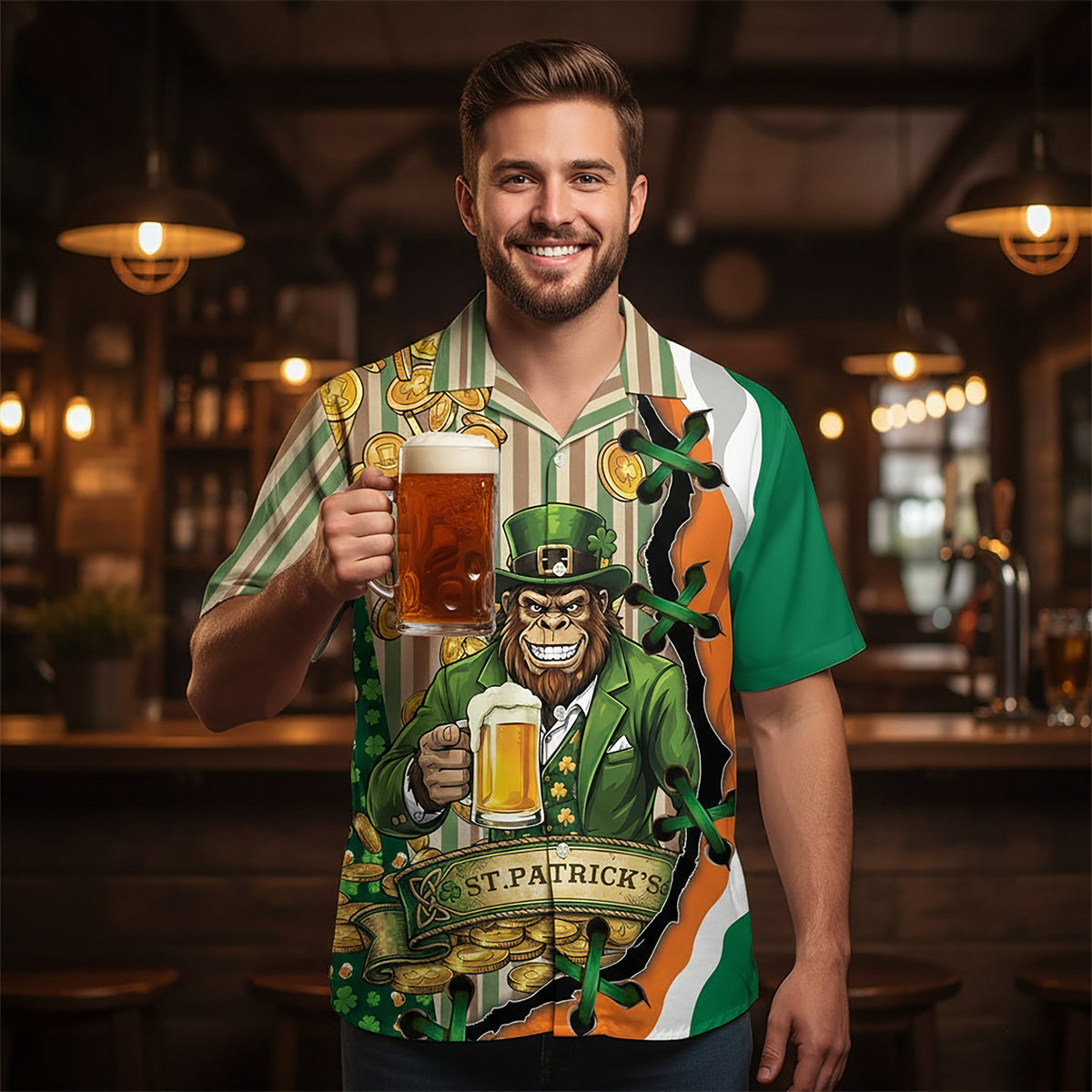 Close-up lifestyle view of the St. Patrick's Day monkey beer Hawaiian shirt