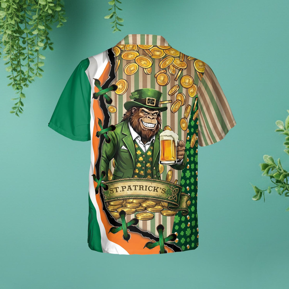St. Patrick's Day hawaiian shirt with leprechaun ape design, back view