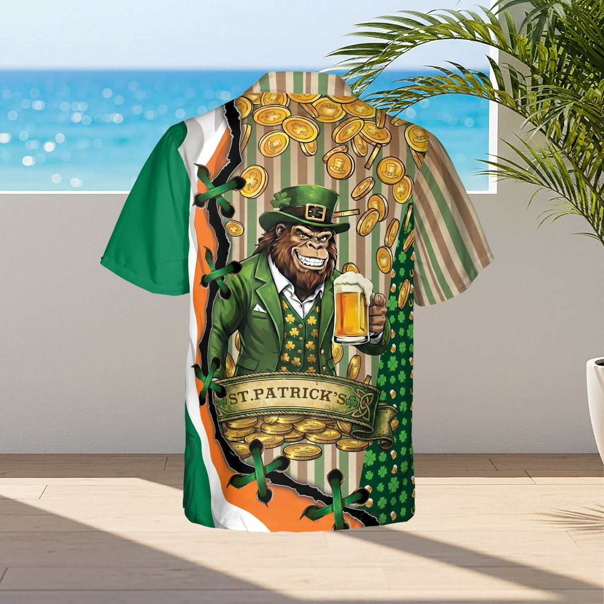 Back view of the St. Patrick's Day hawaiian shirt with green and beige stripes