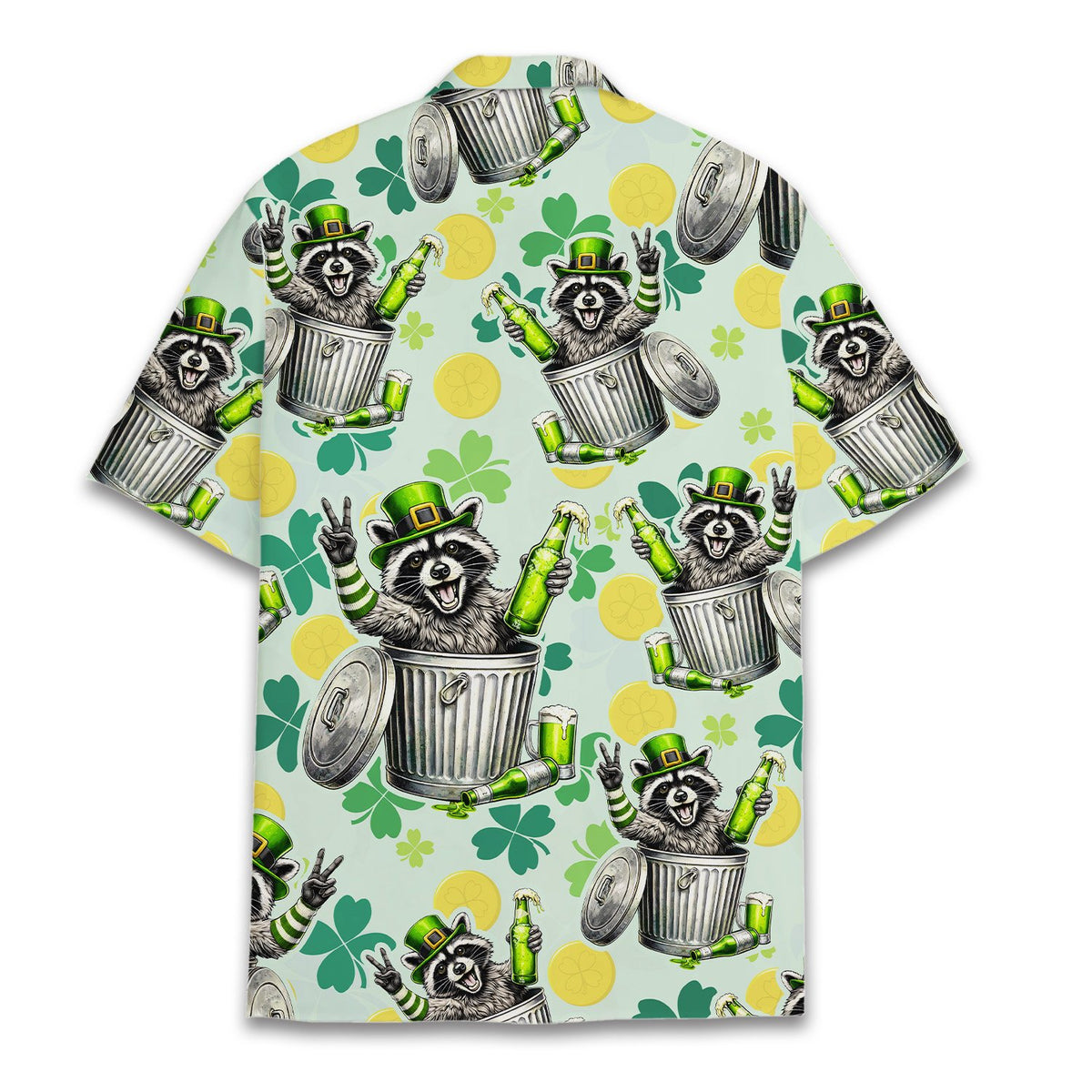 Back view of the raccoon leprechaun hawaiian shirt