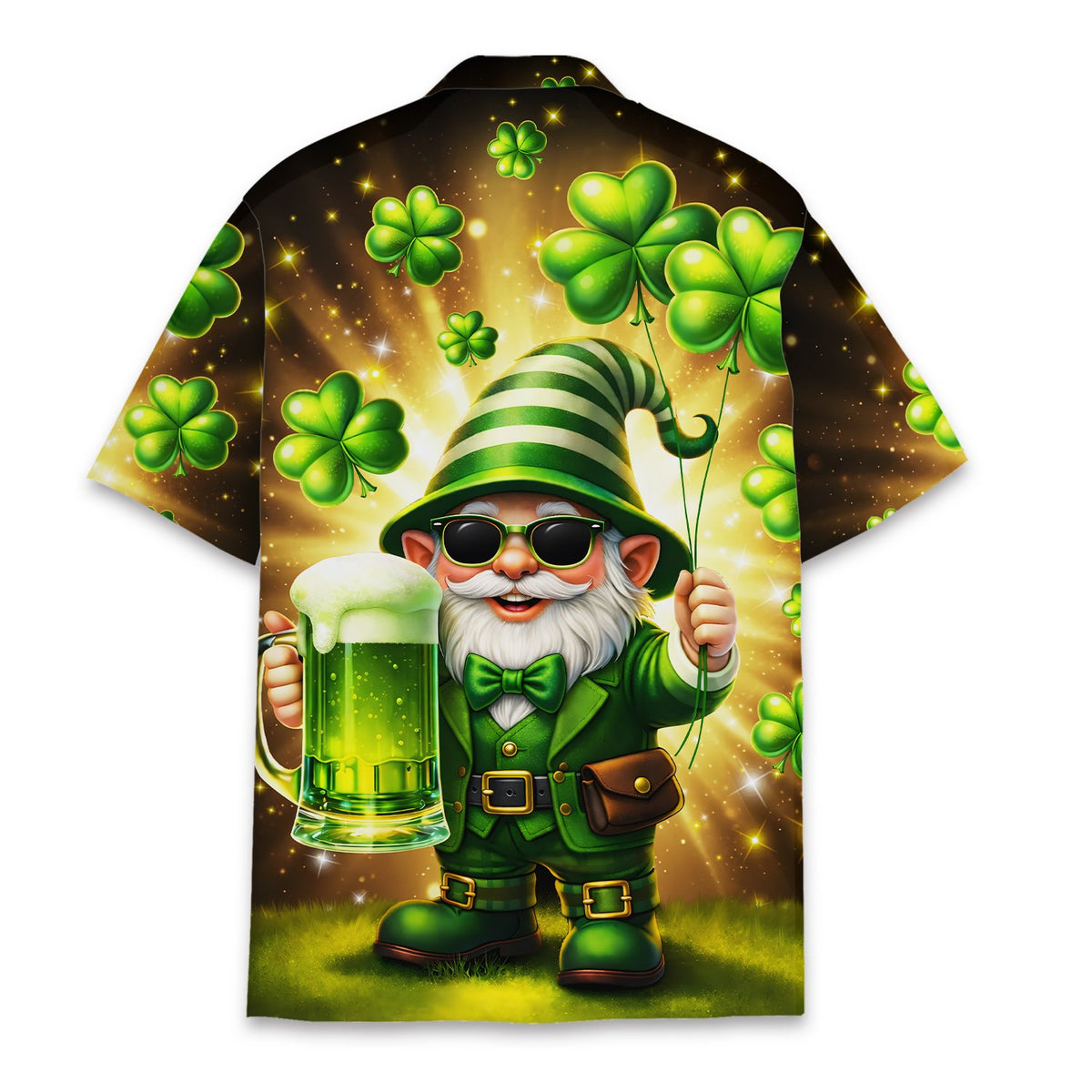 St. Patrick's Day hawaiian shirt back view featuring glowing lights and clovers