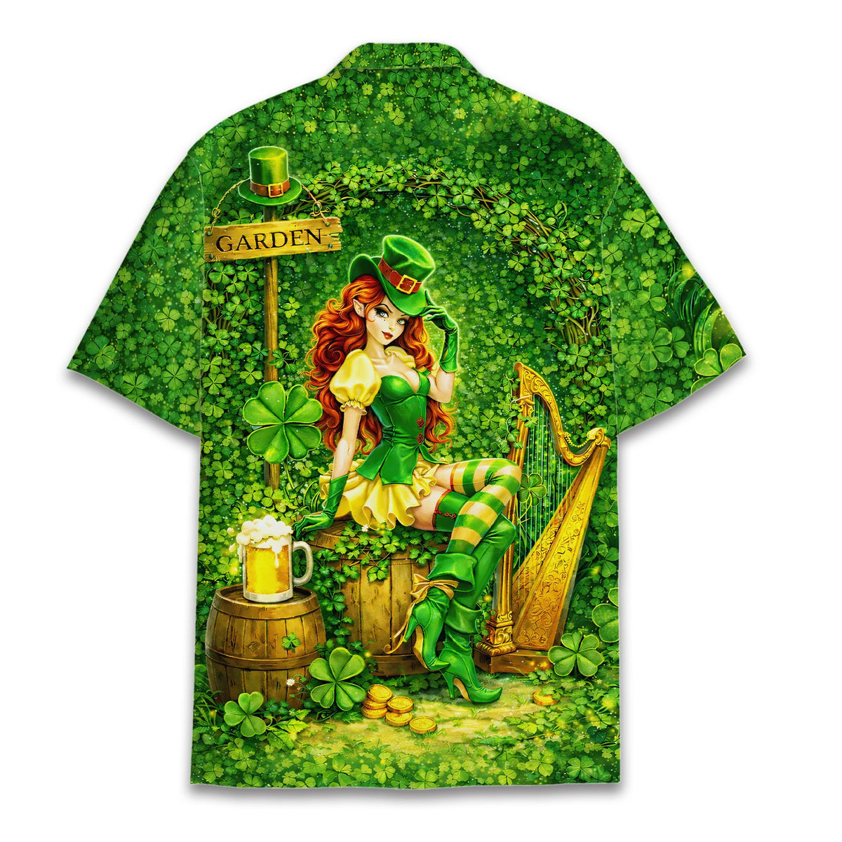 Back view of the vibrant green St. Patrick's Day Hawaiian shirt