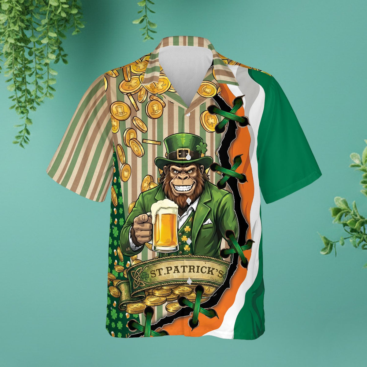 St. Patrick's Day hawaiian shirt with leprechaun ape design, flat front view